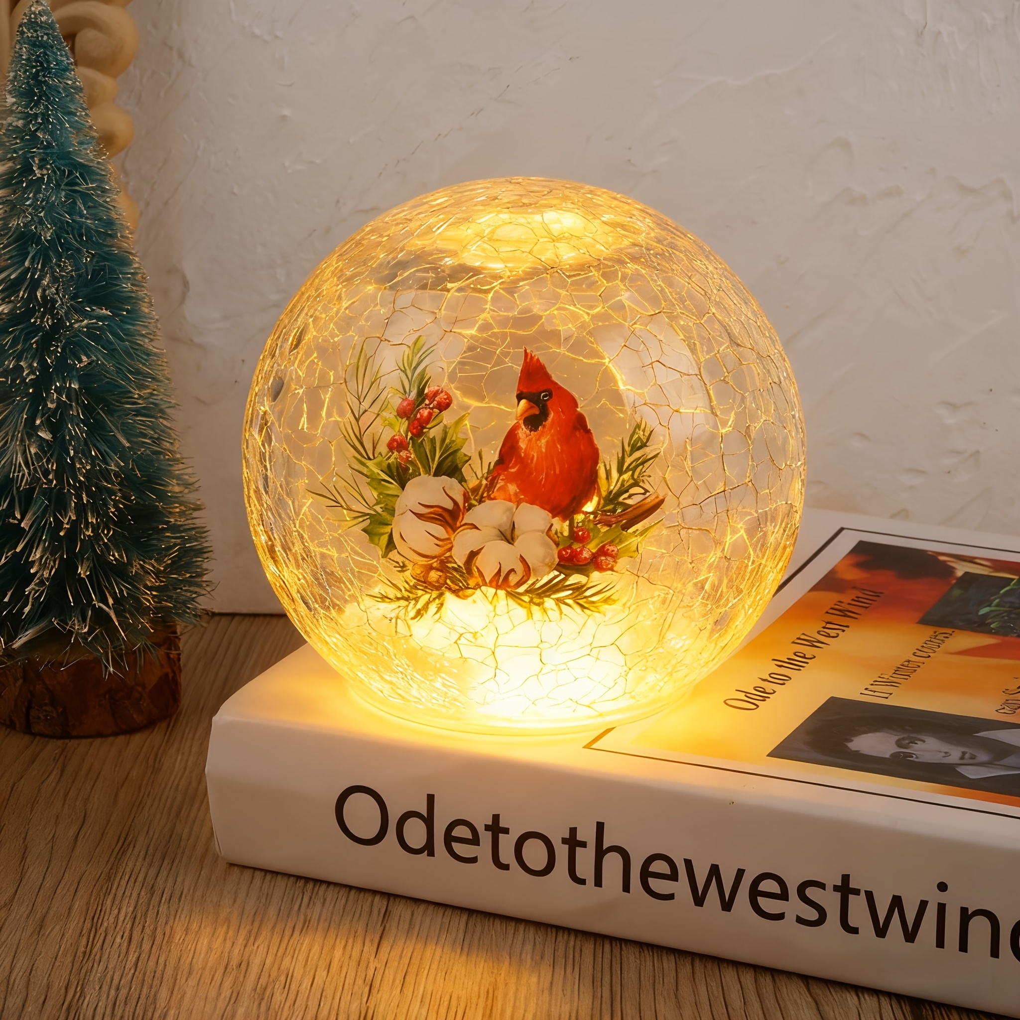 TEMU Crackle Glass Light With Design, Led Lit Christmas Decor With Red & Winter Foliage, Festive Tabletop Accent For Decoration