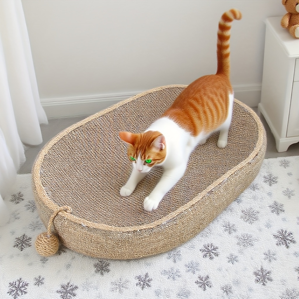 item picture a large durable jute scratching board for cats   with a jute toy ball it serves as   a scratching and resting area designed to     the raised edges provide protection