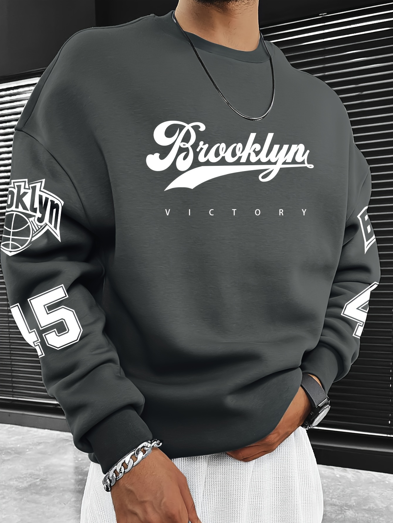 Men'S Casual Brooklyn Victory Graphic Crew Neck Sweatshirt - 100% Polyester Knit Non-Stretch Fabric Loose Fit Pullover