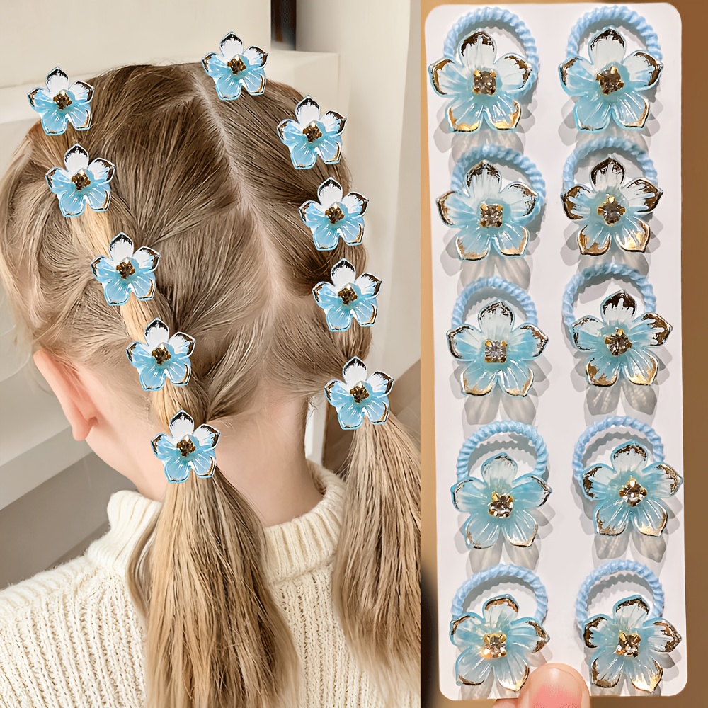 TEMU 10pcs Liwihas Multicolor Rhinestone & Flower Hair Ties Suitable For Travel, Braiding, School - High-elasticity Durable Hair Bands With Faux