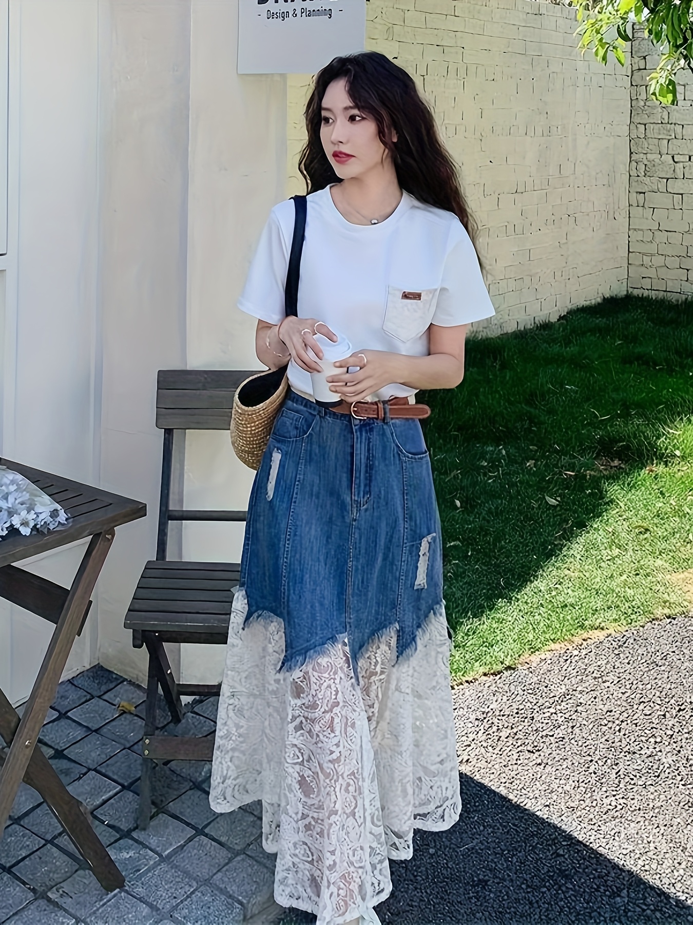 fashionable elegant lace trimmed denim pencil skirt women - Temu