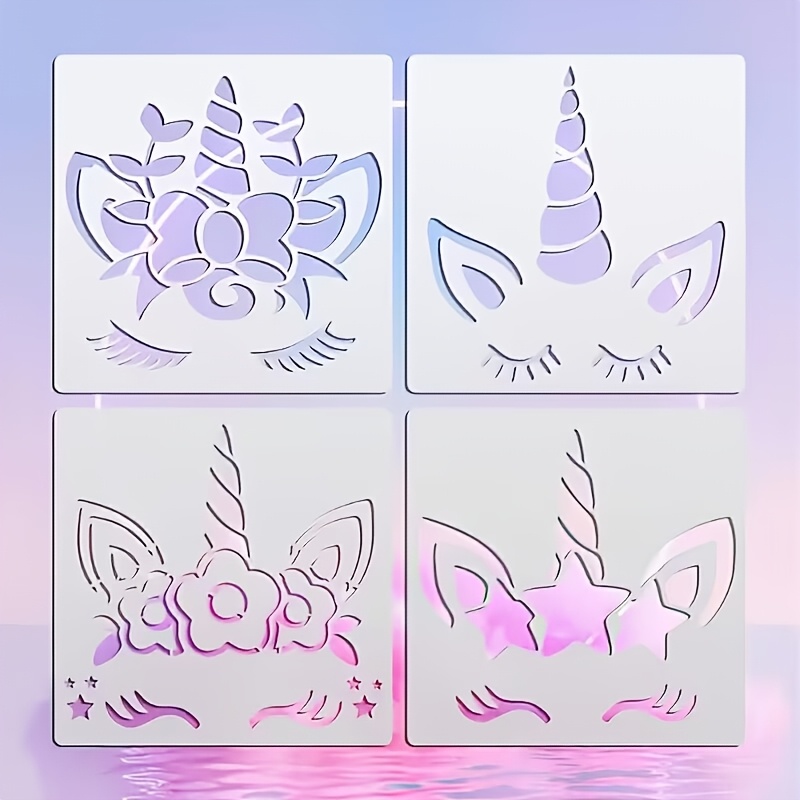 Image of Set Of 4 Reusable Unicorn Drawing Stencils, Measuring 3.94x3.94 Inches, Made Of Cream-colored Polypropylene, Perfect For Murals, Scrapbooking, And Crafts