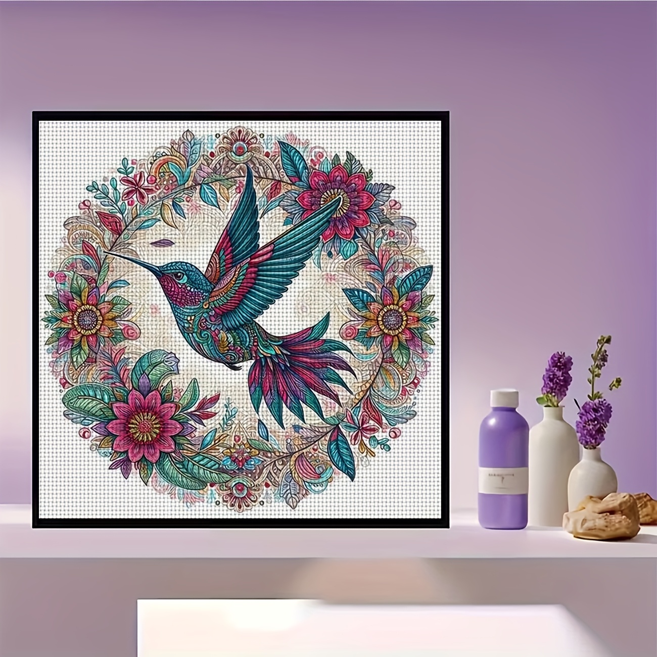 Cross-Stitch Kit, Hummingbird Dancing in a Wreath for Beginners