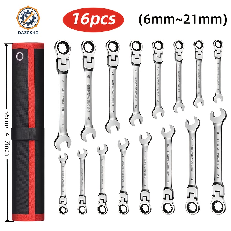 TEMU 16pcs Combination Wrench Ratchet Wrench Set, Chromium-vanadium Steel Quick 180° Swing Head Adjustable Set, Multi-functional Wrench Auto Repair