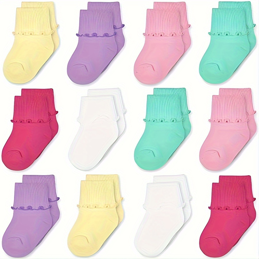 TEMU 12/24 Pairs Of Girls' Solid Lace Socks, Colored Princess Socks, Comfortable Breathable Soft Baby Walker Socks, School Socks For Indoor Or Outdoor Activities