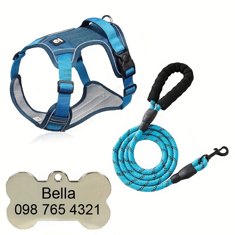 Custom Dog Harness with Engraved Pet ID Tag and Leash Set