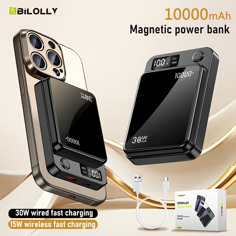 TEMU Magnetic Wireless Charging Power Bank, 6000/10000mah Battery 30w Pd Fast Charging Power Bank, 15w Fast Wireless Charging, 2 Outputs And Dual