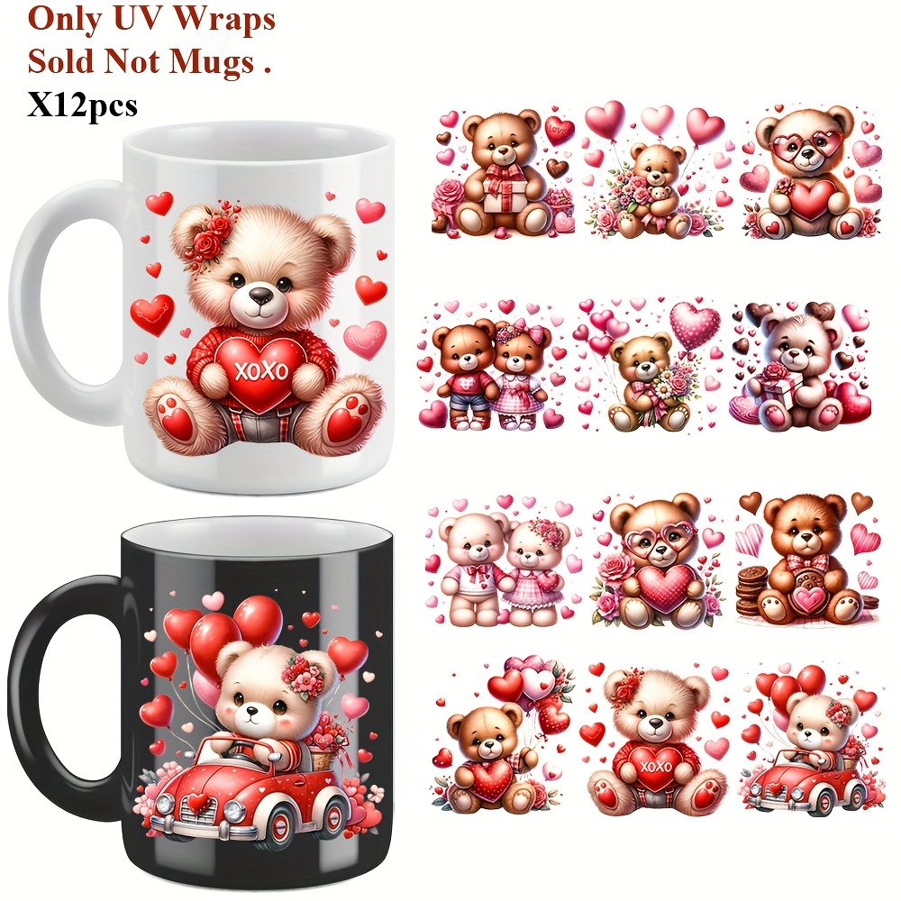 

12pcs Valentines Bear Diy Uv Transfer Transfer - Waterproof, Self-adhesive Decals For Mugs, Bottles & Laptops