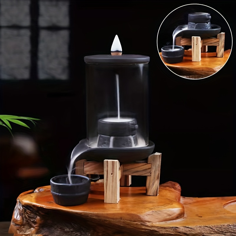 

Ceramic Incense Burner With Wooden Stand, Anti-wind Reverse Flow Tabletop Decor, Useful Accessory