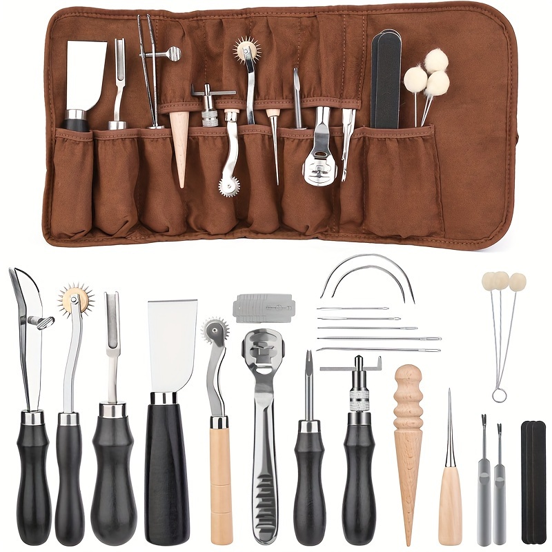 

Kit Complet d'Outils de Fabrication en Similicuir avec Biseautier, Skiver, Aiguilles à Couture & Rainurer - Idéal pour Débutants