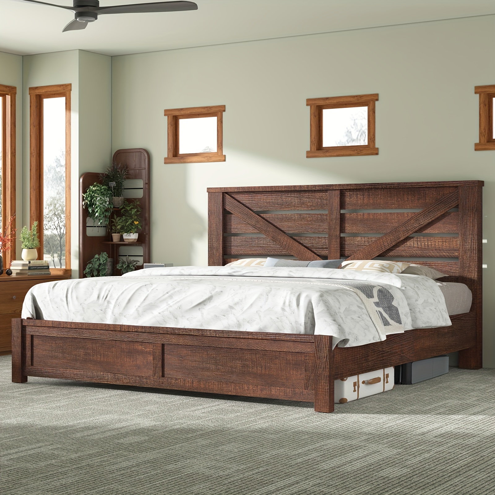 

Queen Size Rustic Bed Frame With 49.2" Sliding Barn Door Headboard, Platform Bed With Wood Slats, Underbed Storage, Easy Assembly, Noise-free Design, Barnwood