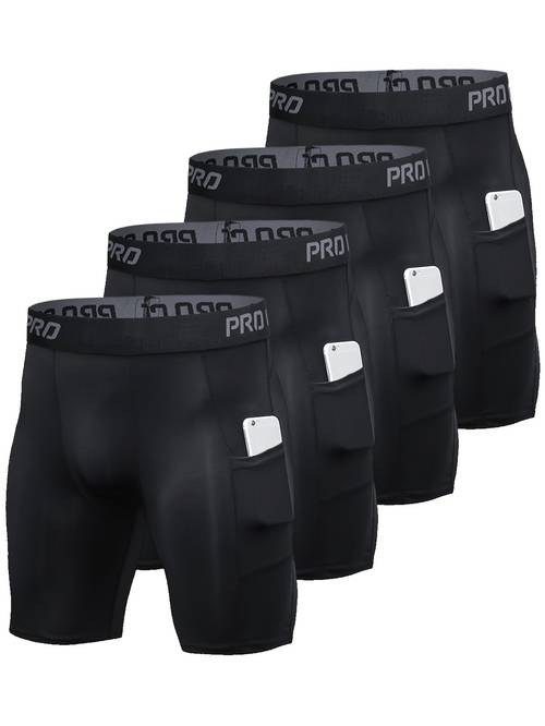 4 pc mens athletic running quick dry boxer briefs underwear with pockets long leg performance compression boxer briefs mens shorts