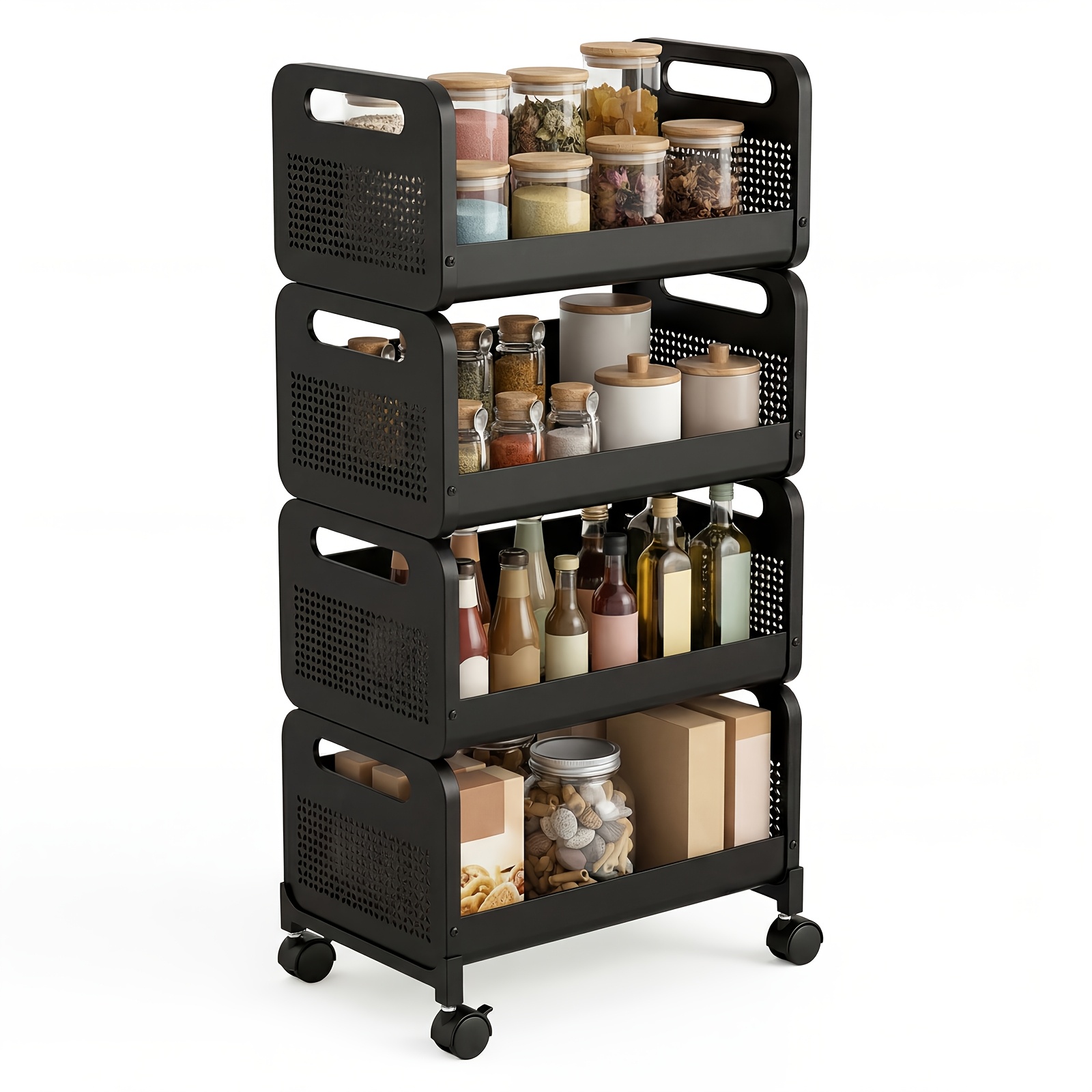 Image of Sekey Trolley, Kitchen Trolley With 4 Tiers| Steel| 360° Rubber Wheels With Brake| Painted, Rustproof| Handle| Niche Shelf On Wheels For Kitchen, Bathroom, Living Room, Study, Bedroom| Black