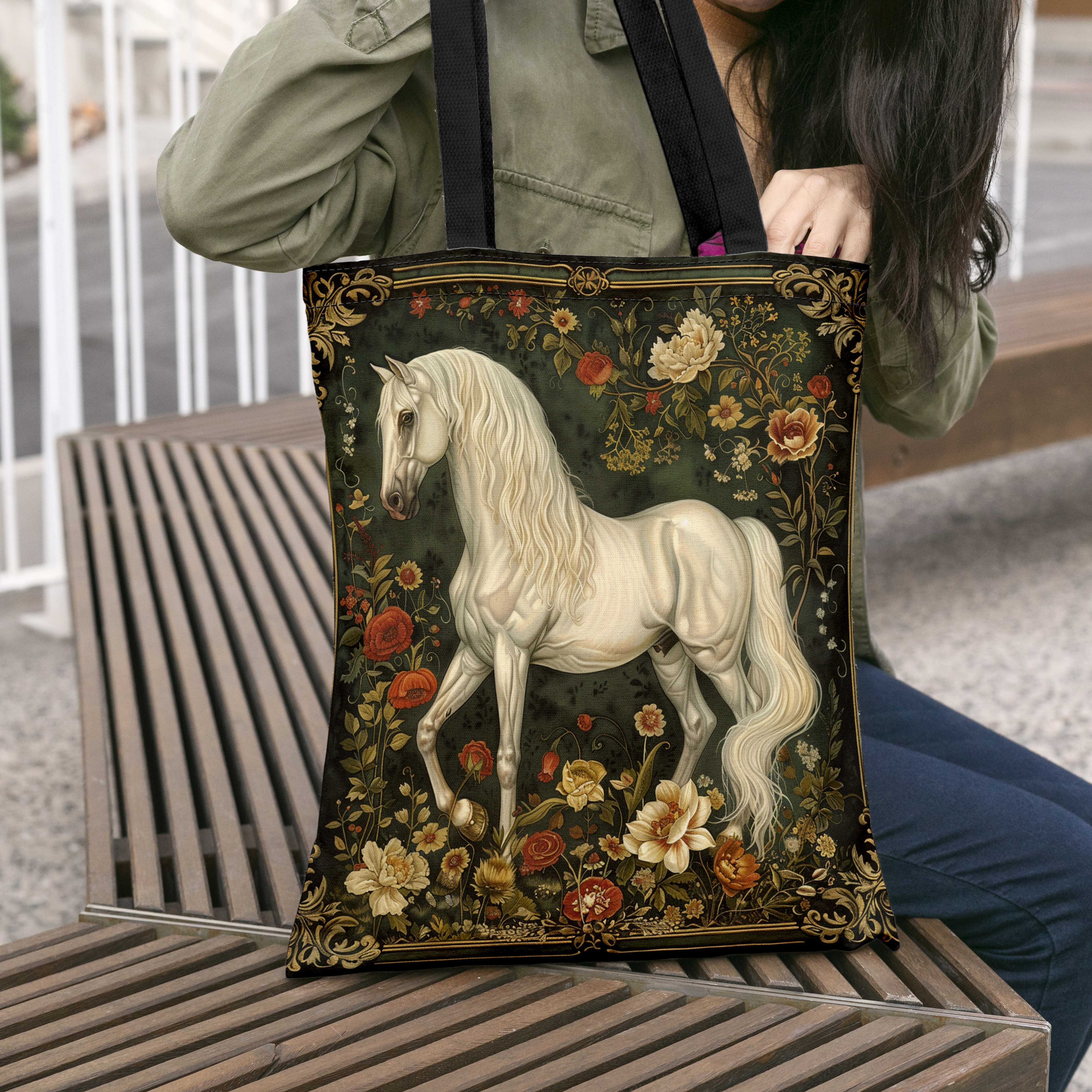TEMU Canvas Tote Bags With Vintage Horse , Elegant And Classic White Design, Fashionable And Convenient For Shopping, Travel, And Daily Use
