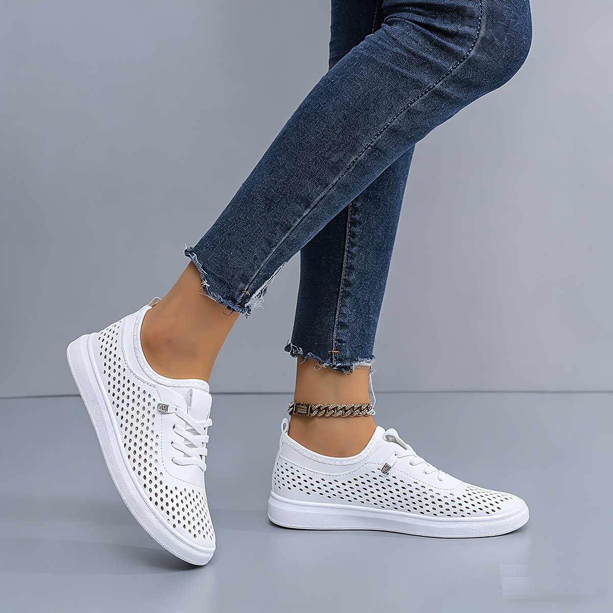 TEMU Sneakers, Scarpe Bianche Estive da Donna, Scarpe da Skate Nuovo Stile con Suole Morbide, , Traforate, Traspiranti, Scarpe da Casual Piatto