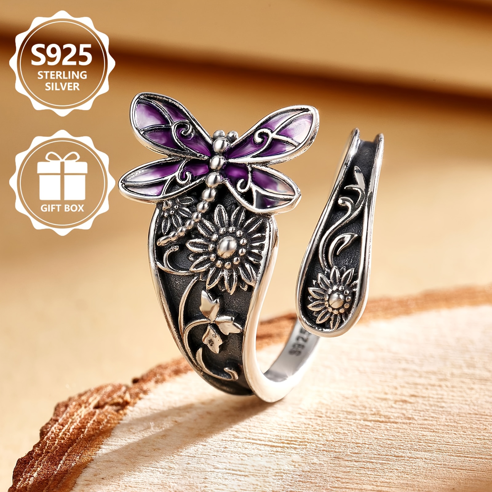 Inel din argint 925 Sterling cu email, Inel deschis sculptat cu flori și fluture mov, Bijuterii din argint stil etnic vintage, Fără nichel, Hipoalergenic, Măiestrie excepțională pentru purtare confortabilă, Versatil pentru uz zilnic, Cadou ideal pentru zile de naștere, aniversări, Ziua