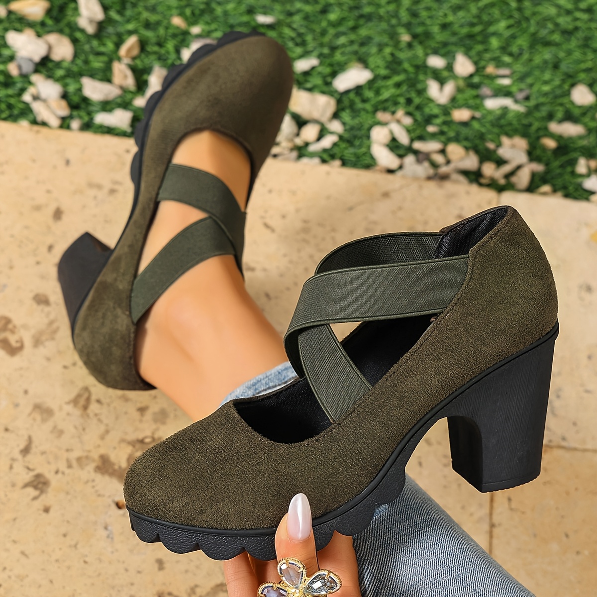 TEMU Vintage Flat Shoes With Elastic Cross Straps And Chunky Heels, Stylish And Elegant, Women Shoes