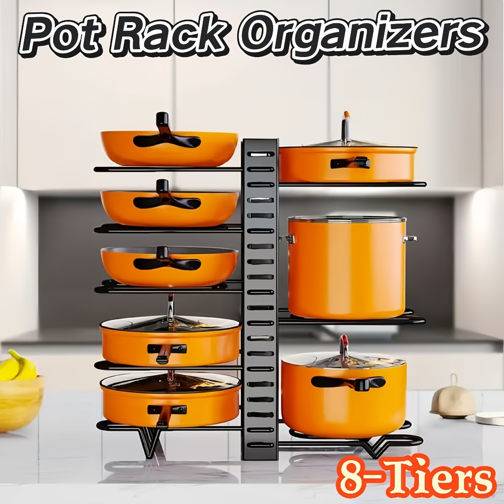 Image of 8-tier Heavy-duty Pot Rack Organizer, Metal Pot And Pan Storage, With Anti-slip Layers, Made Of Durable Metal, Space- Floor Standing Design, Ideal For Holding Pots And Lids In A Restaurant Setting