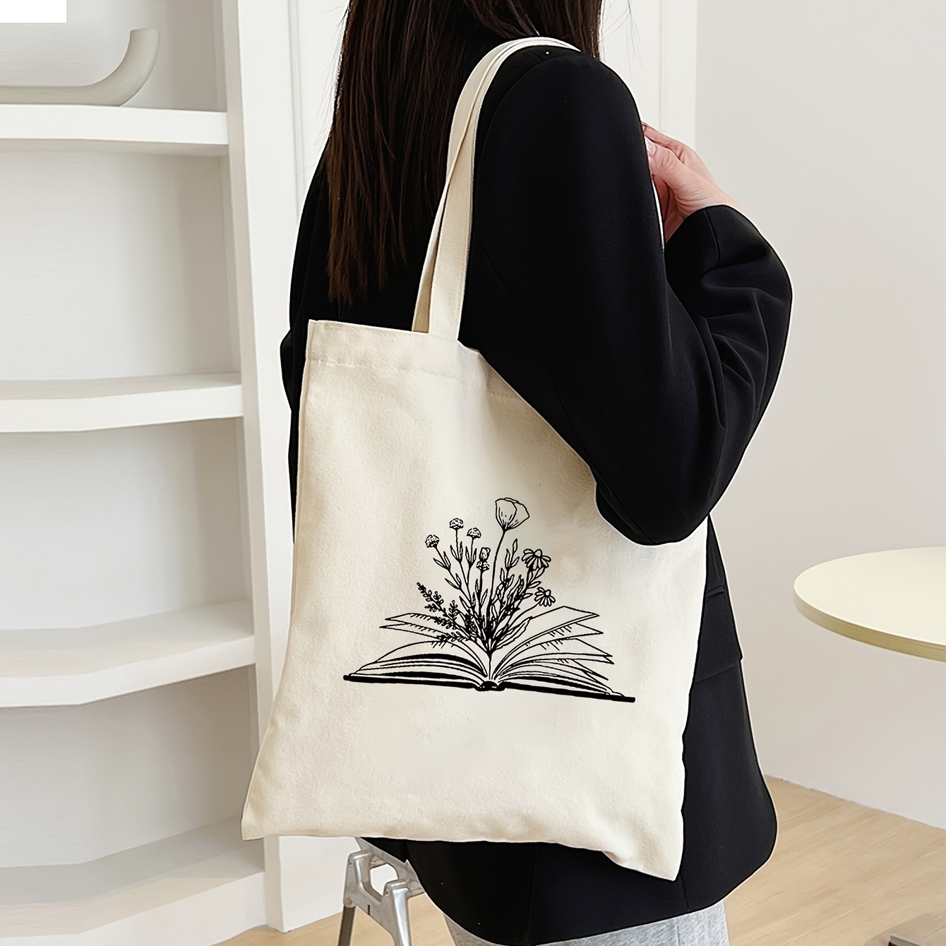 

Canvas Tote Bag For Women, Floral Book Design, Fashionable Shoulder Bag, Convenient Storage For Travel & Shopping