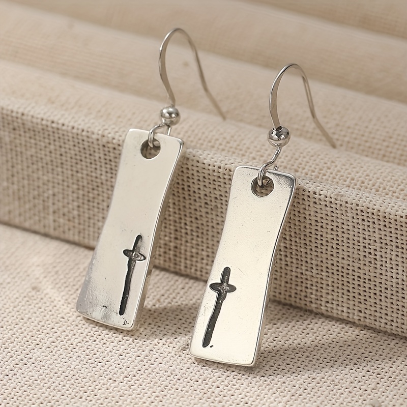 TEMU Vintage Ethnic Antique Silvery Color Cross Hollow-out Drop Dangle Earrings For Women Punk Jewelry Hollow Handmade Silvery Color Rectangular Geometry Temperament Earrings