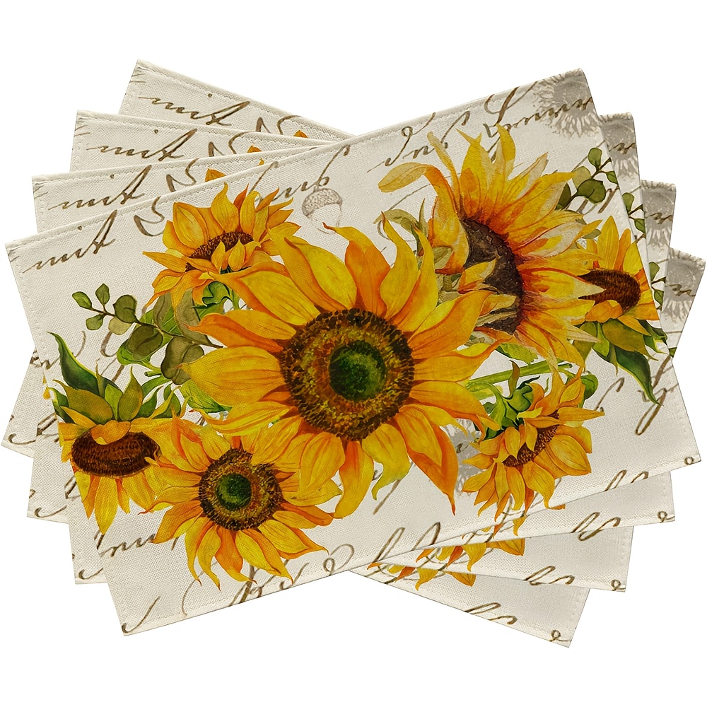 

4-pack Sunflower Placemats, 12x18 Inch Polyester Rectangular Table Mats, Hand Washable Woven Decorative Dining Place Mats With Rustic Vintage Yellow Floral And Eucalyptus For Home Kitchen Decoration