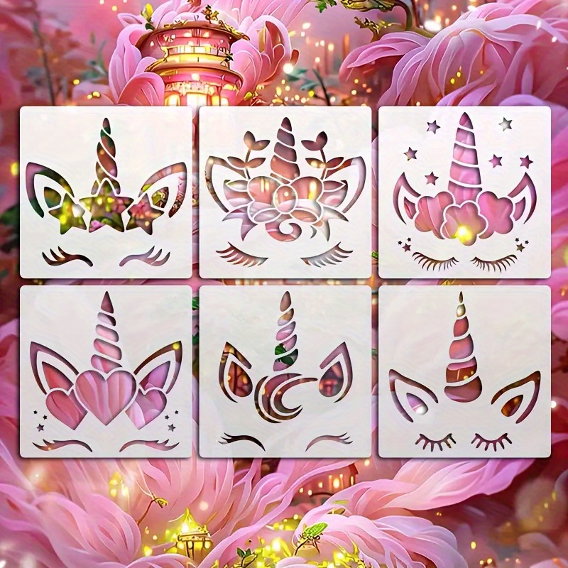 E-shop 6er-Set Einhorn-Schablonen, 15.0*15.0cm, Wiederverwendbare Malvorlagen Geeignet für Scrapbooking, Papier, Fotorahmen, Stoffkunst,