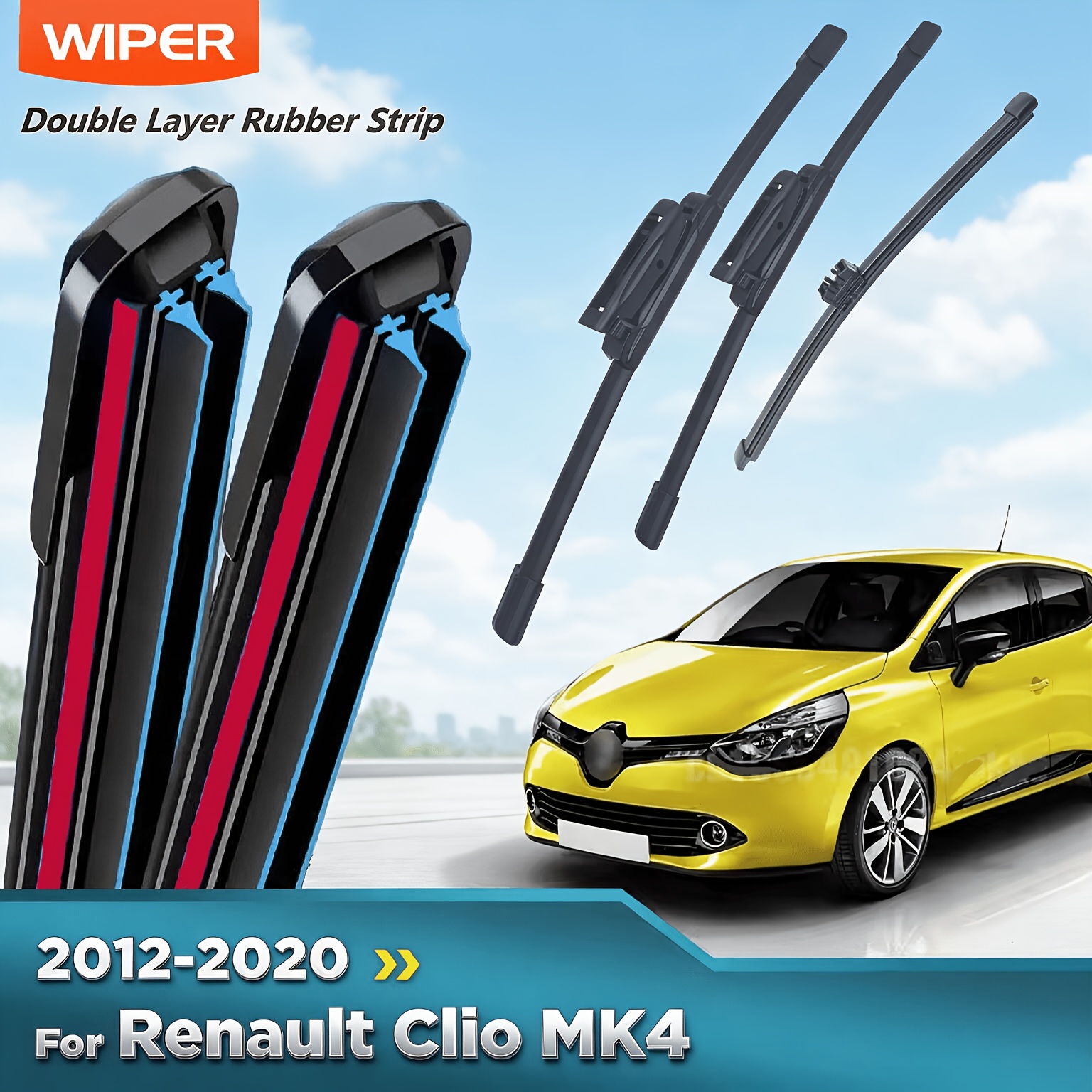 Image of Front And Rear Wiper Blades Set For Renault 4 2012-2020 Windshield Brushes, Double Rubber Strip Universal Boneless Wiper