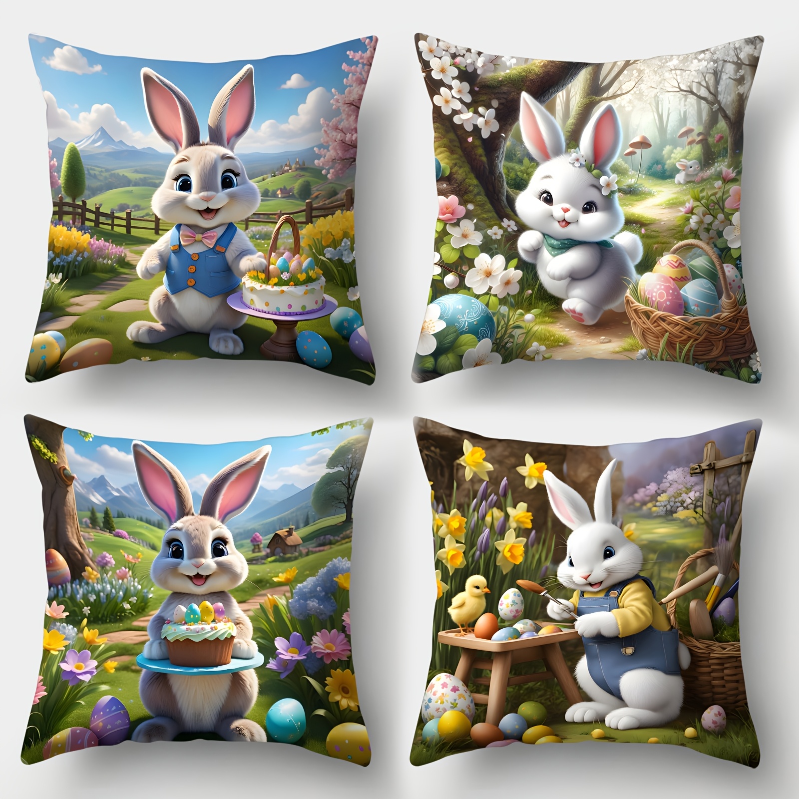 

4-pack Easter Bunny Throw Pillow Covers, Polyester Printed Cushion Cases With Zipper, Hand Wash Only, Contemporary Style For Decor, Woven Fabric, 18x18 Inches - No Insert