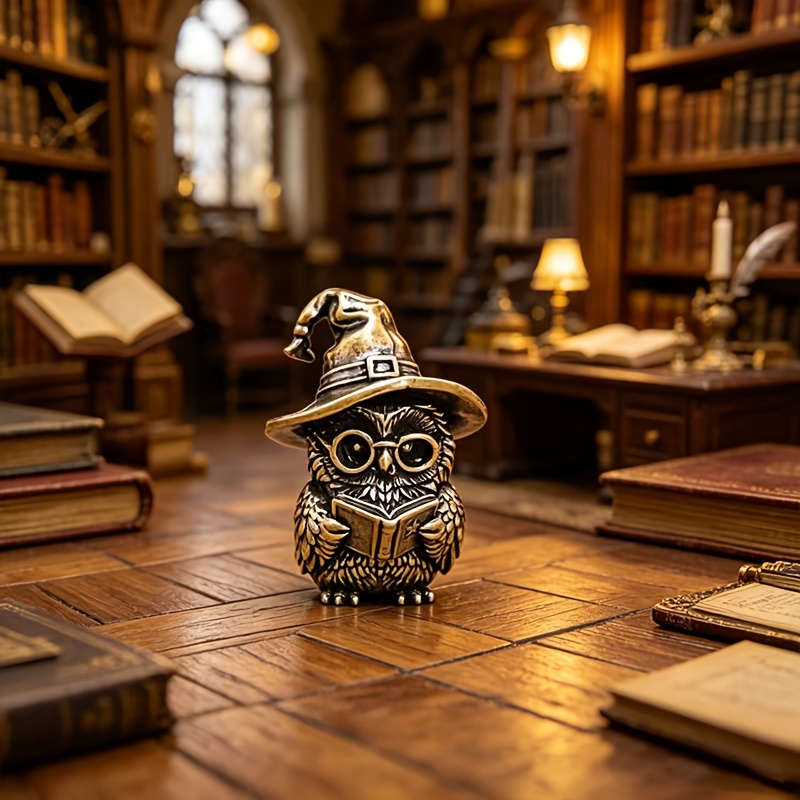 Brass Wizard Owl Ornament Statue, Plump Owl Wearing A Pointed Hat, With Exquisite Three-dimensional Patterns; Round-frame Retro Glasses , Wings Embrace An Open Small Book