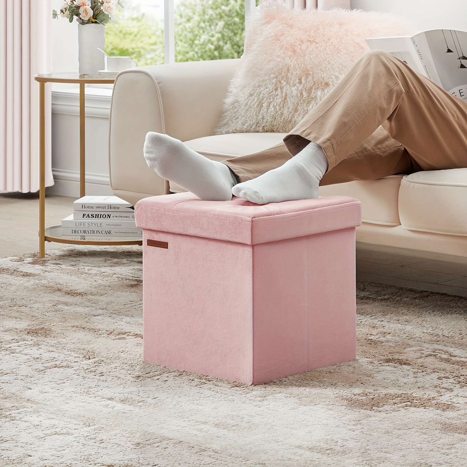 Folding Ottoman, Velvet Storage Bench, Container With Lid, Footstool, 38 X 38 Cm, Load Capacity 300 Kg, For Hallway, Living Room, Bedroom