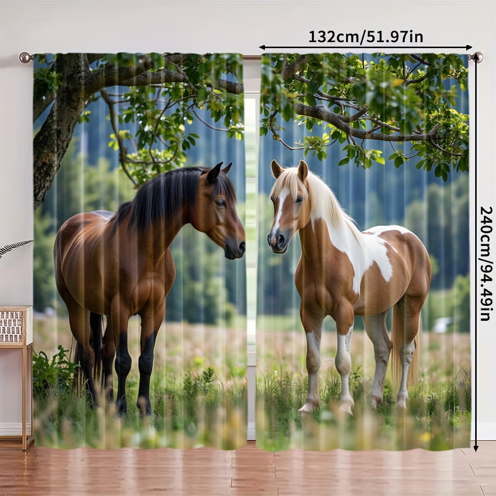TEMU Rideaux 2D Plats, 2 pièces, Chevaux, Polyester 100%, Électricité, Décoration Polyvalente pour Fêtes Familiales et Décoration de Pièces, 2D Plat