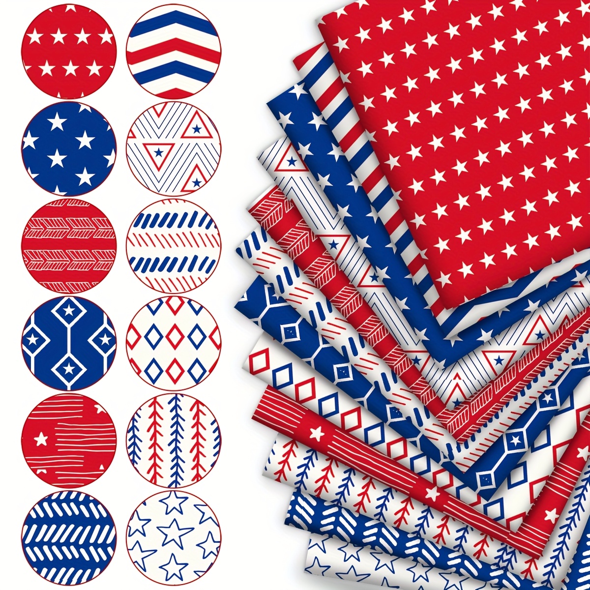 TEMU 12pcs Of Red And Blue Striped Fabric Perfect For Festive Occasions, Ideal For Quilting, Projects, Making Wallets, Gifting, And Doll Clothes Or