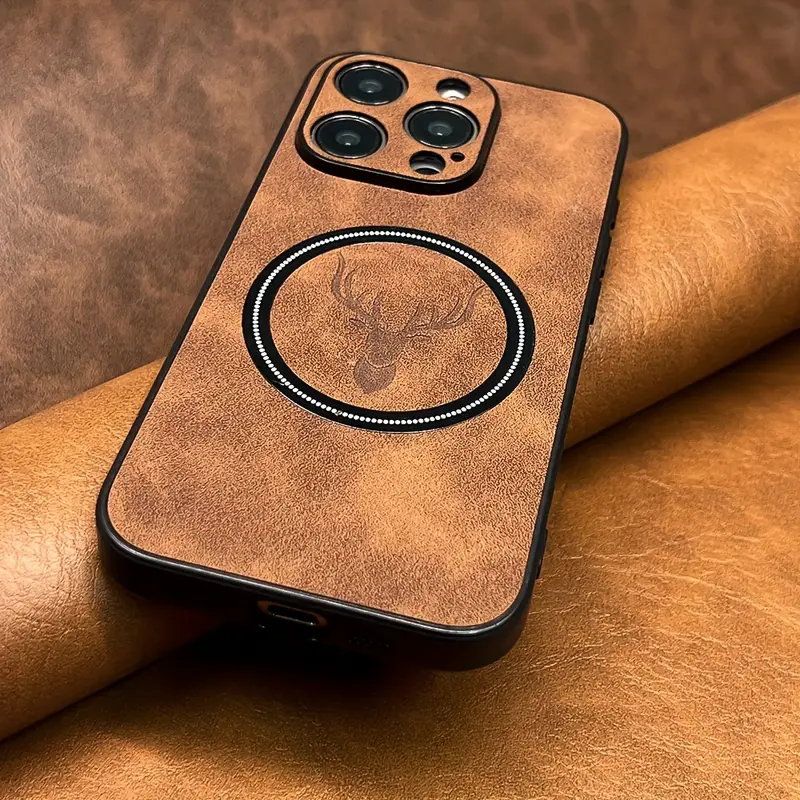 luxury sheepskin leather case for iphone 16 15 14 11 pro deer head pattern magnetic wireless charging soft bumper shockproof cover details 3