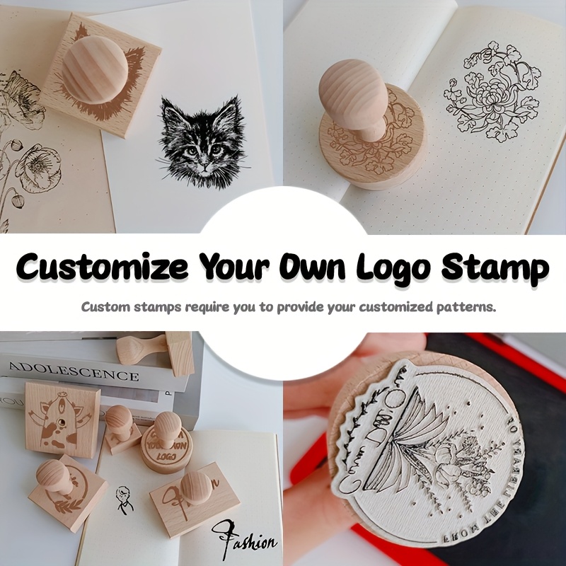 

1 Set Customizable Wooden Stamp With Pad - Rectangle Shape, And Symbols Theme, Light Grey Rubber Material For Personalized Wedding, Character , Hand-painted Patterns, Product And Gift Packaging