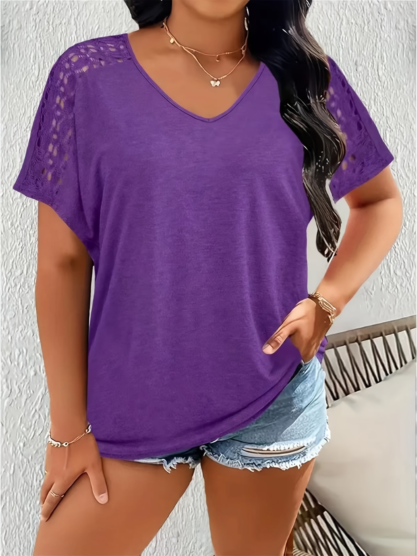 Plus Size, Large size solid color lace patchwork short sleeves