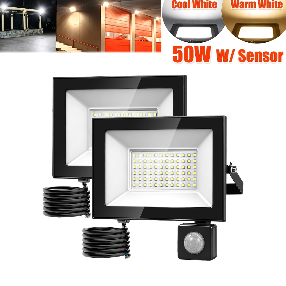 TEMU 2pcs 50w Led Floodlight Outdoor Motion Sensor, 17x11.6x2.7cm Led Sensor Security Light, Led Flood Light, Cool White/warm White, Adjustable 180°
