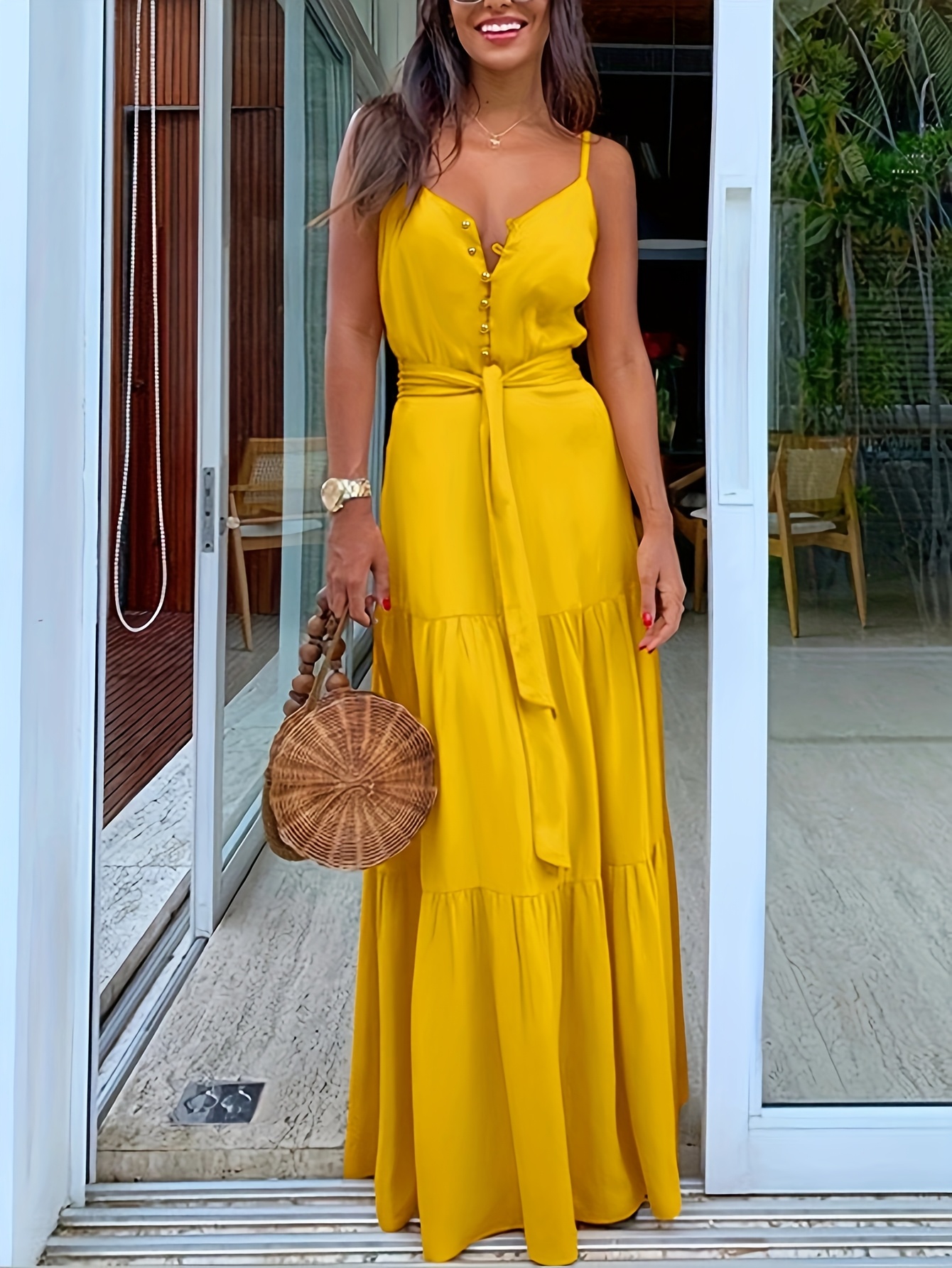 Elegant Summer Yellow Maxi Dress for Women Chic Ruffle Hem with Button  Detail, Sleeveless Polyester, Machine Washable