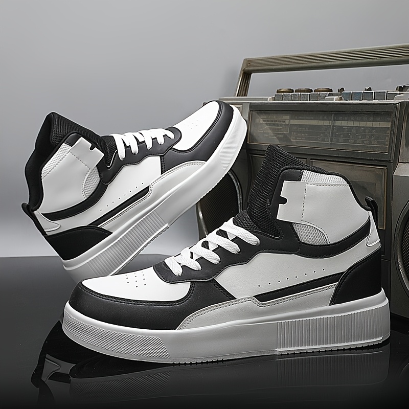 Men'S High-Top Casual Sneakers - Black & White Two-Tone Design, Lace-Up, Comfortable EVA Sole, All-Season Versatile Footwear for Everyday and Outdoor Activities