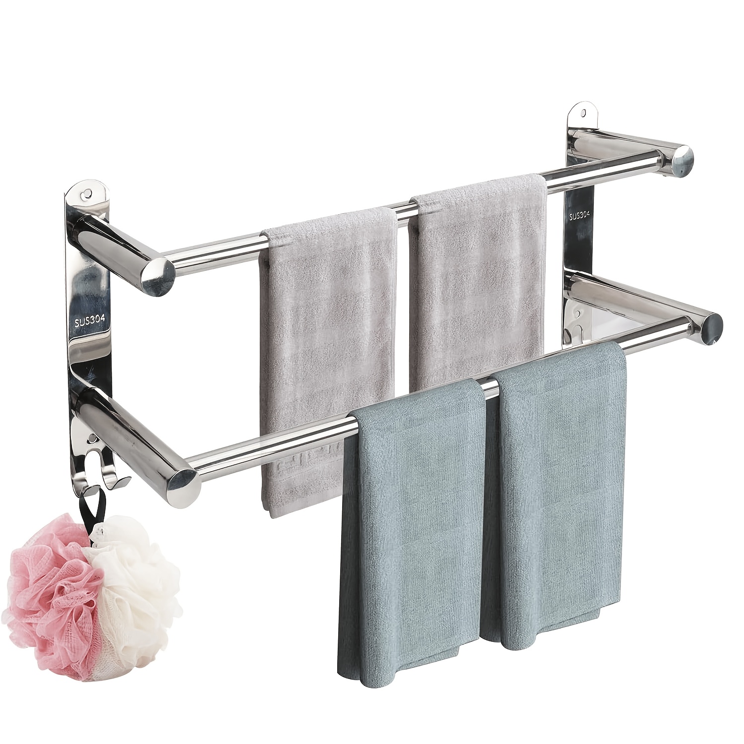 Image of Expandable Double Towel Rack Made Of Stainless Steel, 50-90cm Adjustable, Towel Bar With Hooks For Bathroom, Kitchen, Washroom, And Screw-in Installation, Towel Racks