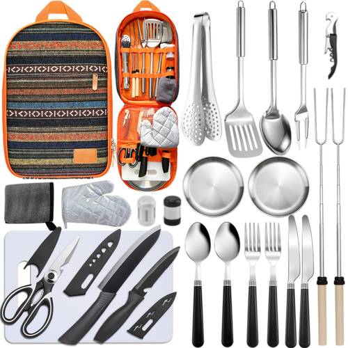 utensil set 24pcs camping essentials camping accessories gear must haves camping cookware kit stainless steel outdoor cooking and grilling utensil organizer travel set travel picnics rvs bbq parties and more