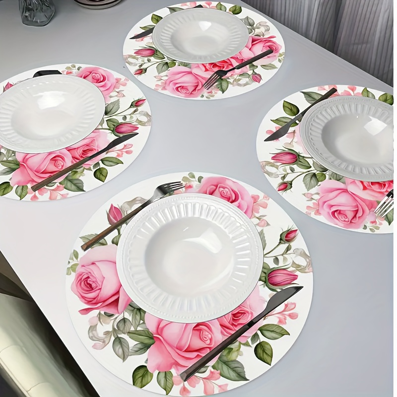 Image of 4pcs Valentine's Day Floral Happy Placemats, Round Mats, 13.8in X 13.8in Single-sided Round Party Table Mats, For Decorating Parties, Kitchens, And Restaurants, And Party Banquet Decorations