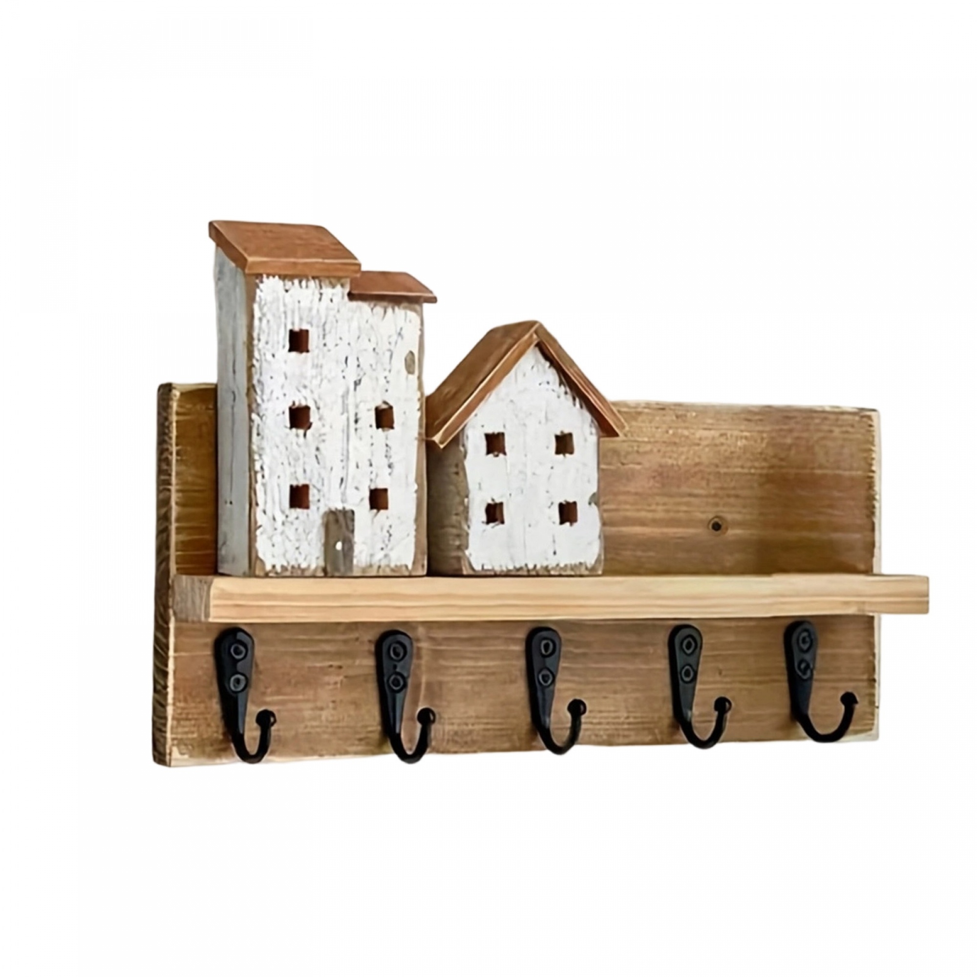 E-shop Rustikaler Holz-Wandmontierter Schlüsselhalter & Eingangsorganisator mit Regal - Landhausstil Kleiderhaken mit 5 Haken, Holz-Eingangsgestell für