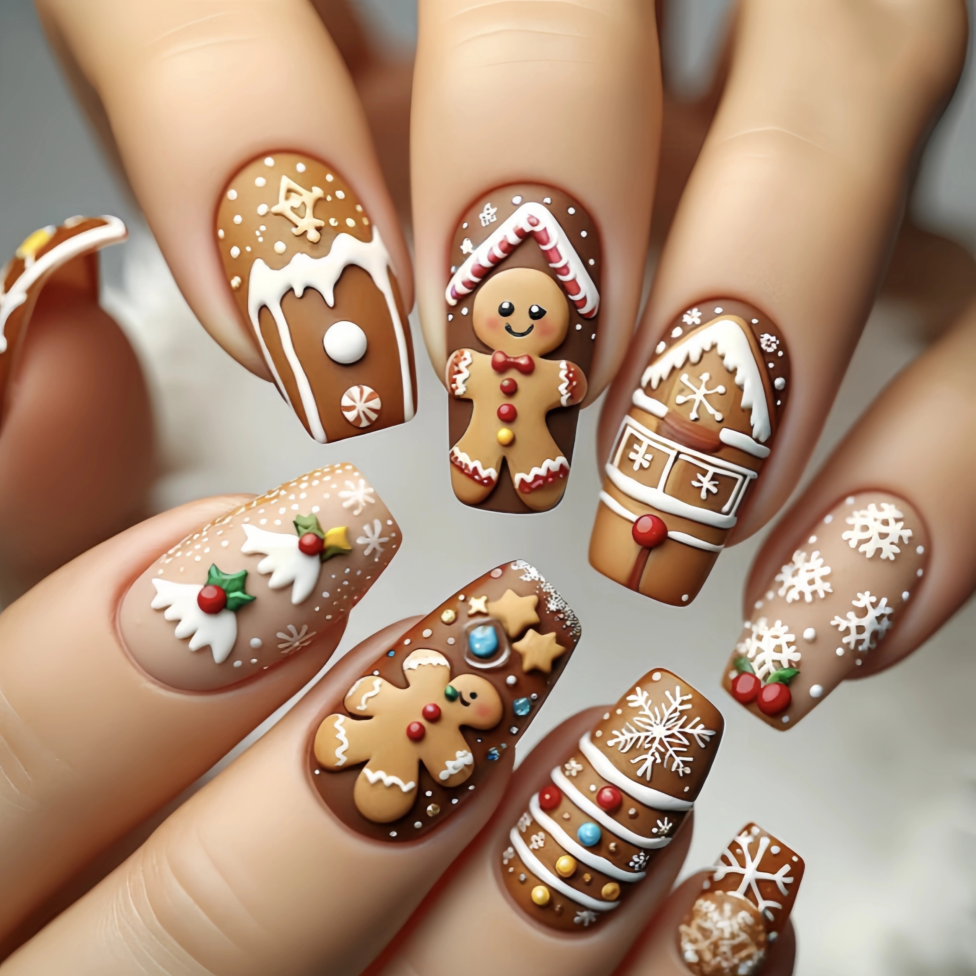 

Christmas Cookie & Candy Gingerbread Design Press-on Nail Set, 24 Pieces - Mixed Color Ballet Nails, Medium Length With , Animal & Leaves Patterns - Removable Fake Nail Kit, Gift