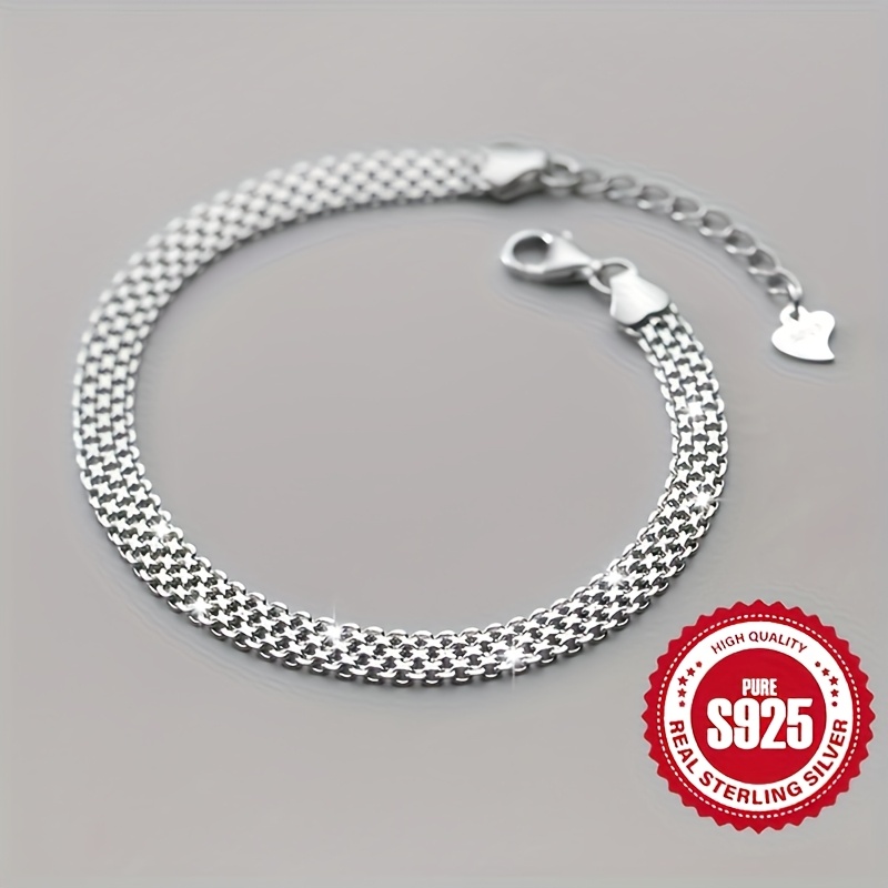 

French S925 Sterling Silver Wide Woven Bracelet, Featuring 4 Of Luxury Accessories, Couple's Bracelet With Low Allergy At 5.2g.