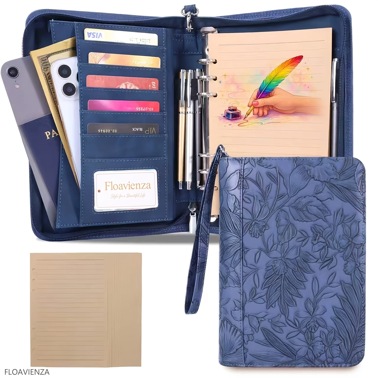 TEMU Floavienza A5 Pu 6-rings Binder With Zipper, A5 Padfolio Wallets For Women, Notebooks Notepad Cover, Phone, Credit Cards, Passport Holder,