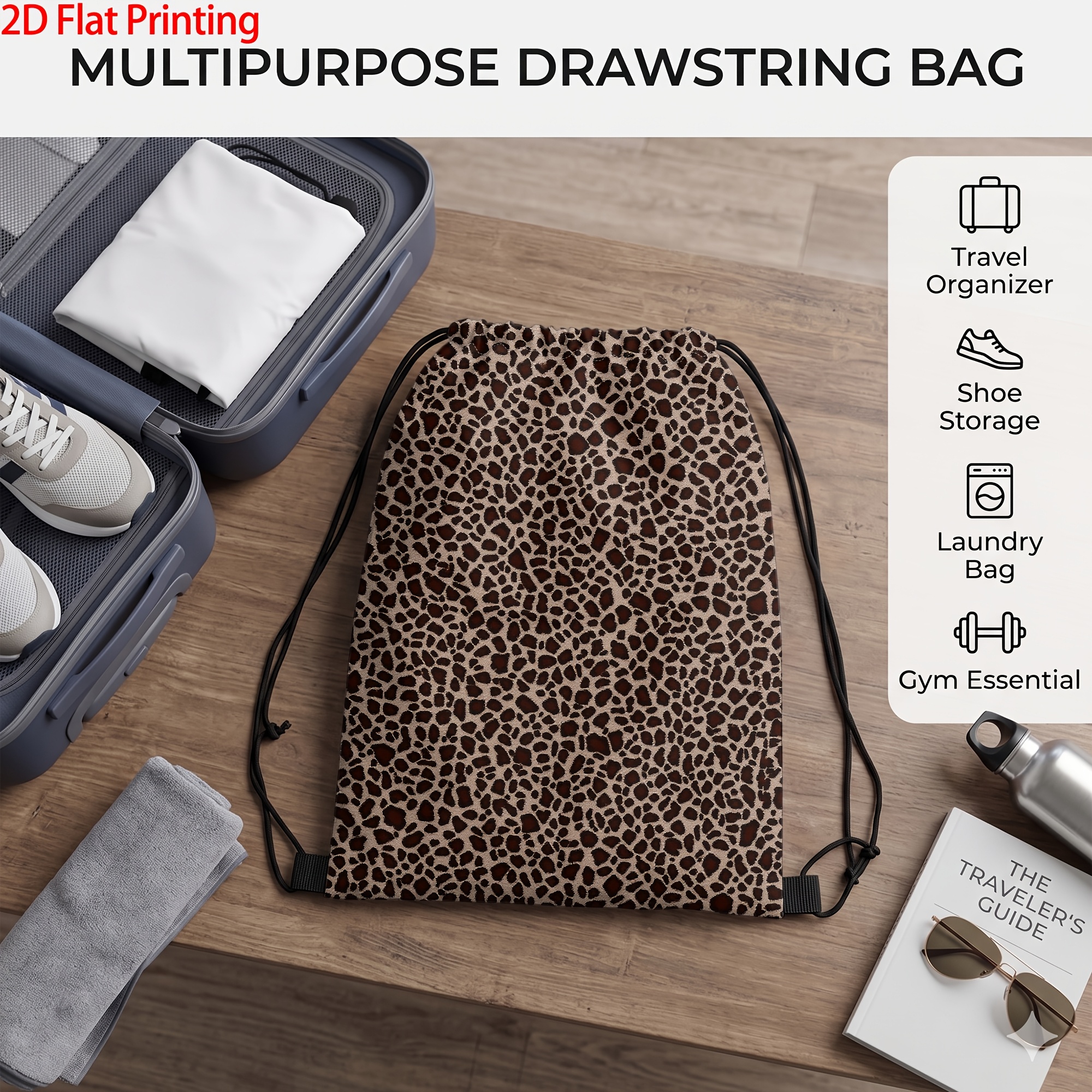 TEMU Rucksack mit Kordelzug und Leopardenmuster für den täglichen Gebrauch, Schulanreise, Shopping, Reisen, leichter, modischer, faltbarer, tragbarer