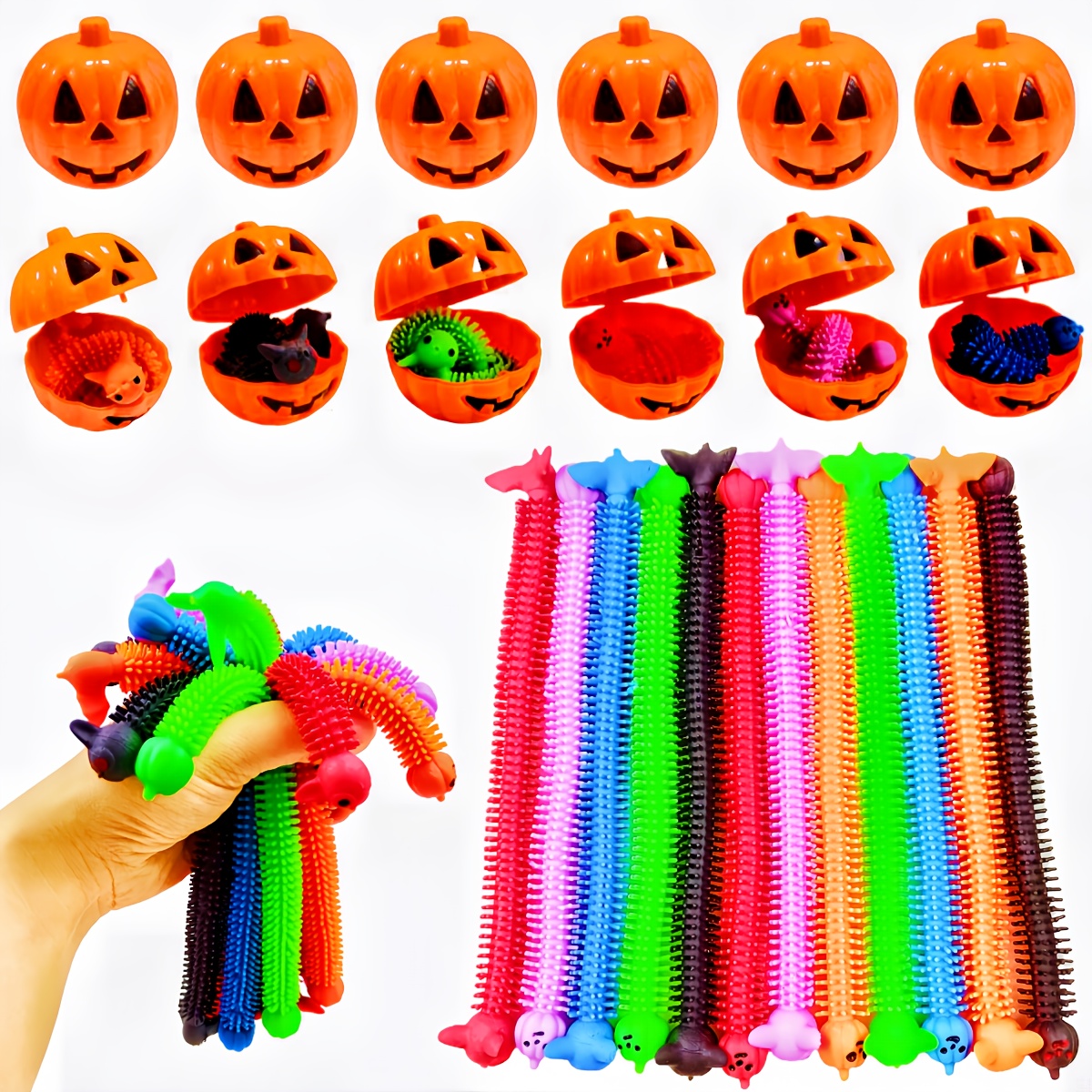 TEMU 24 Assorted Halloween Stretchy String Toys And 12 Pumpkin Shell Toys For Children, Halloween Party Favors And Treat Bags.