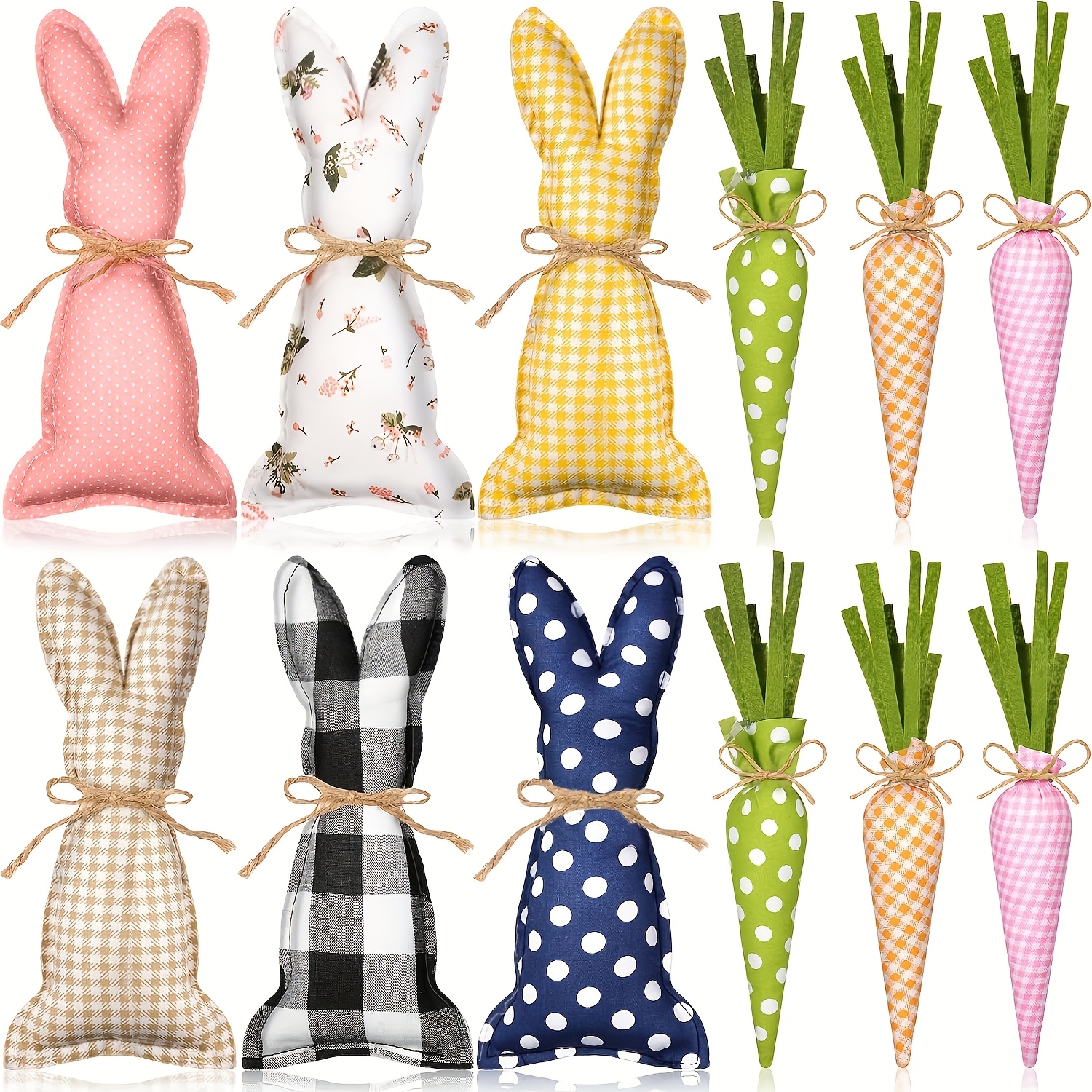 

12pcs Easter Bunny Decor Set - Rustic Farmhouse Stuffed Fabric Rabbits With Accents, Tabletop, Vase Filler & Tiered Tray Display