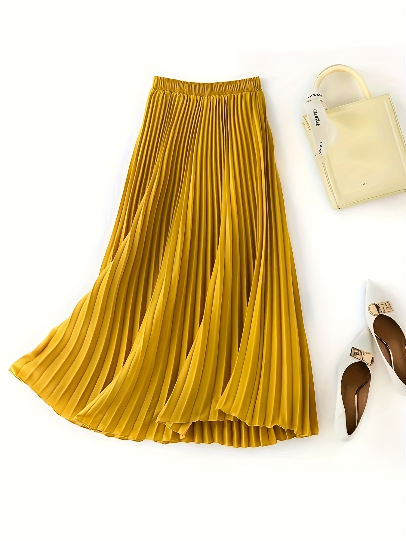 mustard yellow pleated midi skirt women elegant high waisted