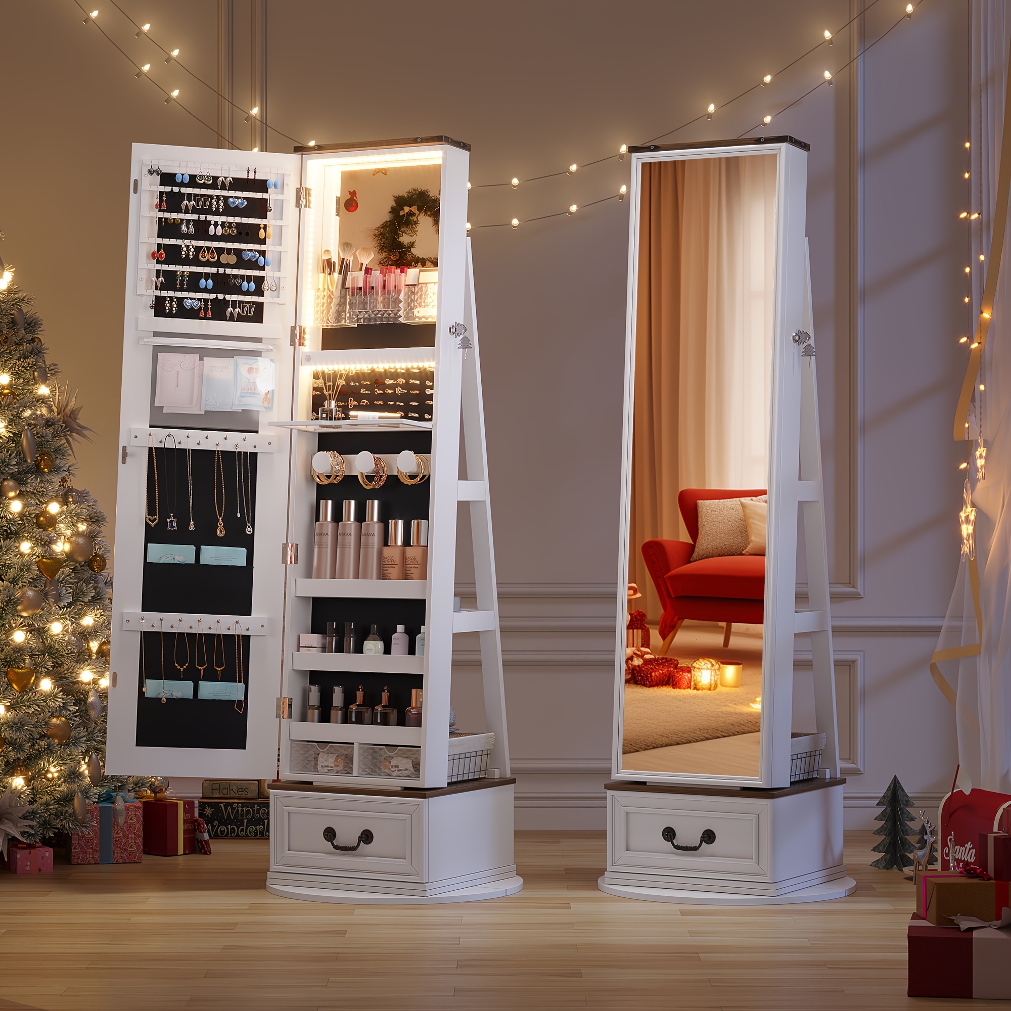 Lockable Vintage-Inspired 360° Swivel Jewelry Mirror Cabinet with Lights - Full Length Organizer with Storage Drawer for Bedroom Decor - Image 7
